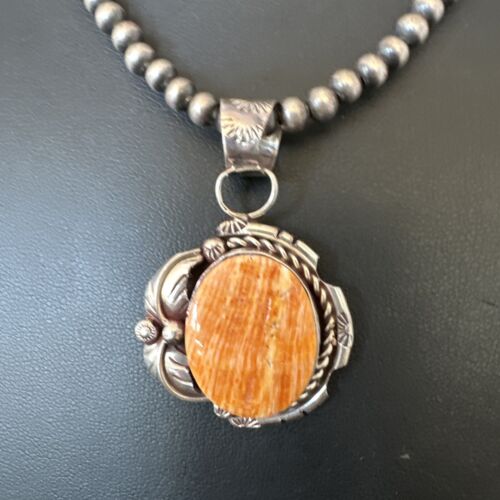 Navajo Orange Spiny Oyster Pendant Necklace | Sterling Silver Pearls | Authentic Native American Handmade | 16559