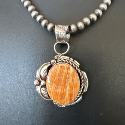 Navajo Orange Spiny Oyster Pendant Necklace | Sterling Silver Pearls | Authentic Native American Handmade | 16559