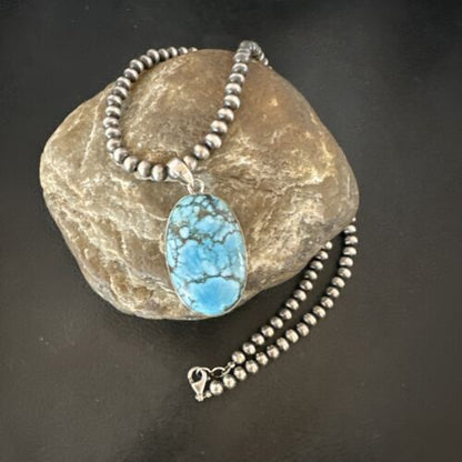 Navajo Blue Spiderweb Turquoise Pendant Necklace | Sterling Silver | Authentic Native American Handmade | 17027