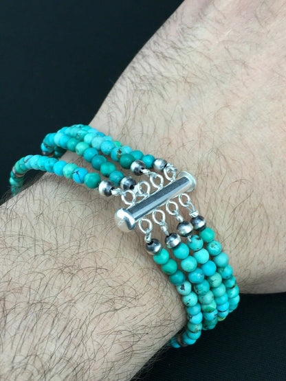 Native American Navajo Blue Turquoise Bracelet | Sterling Silver | 4 Strands | 1087