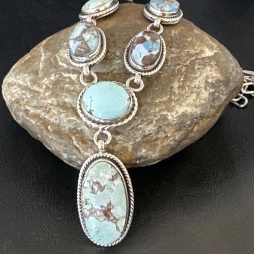 Navajo Blue Golden Hills Turquoise Lariat Necklace Pendant | Sterling Silver | Authentic Native American Handmade | 16282