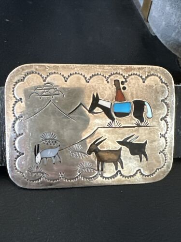 Ultra Rare Zuni Sun Face Inlay Belt | Turquoise Onyx | Sterling Silver | 40" | 17406