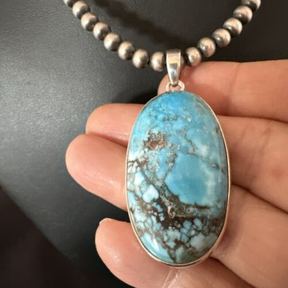 Navajo Blue Spiderweb Turquoise Pendant Necklace | Sterling Silver | Authentic Native American Handmade | 17023
