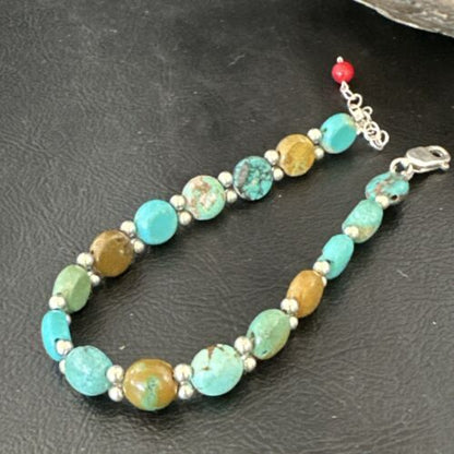 Southwestern Blue Turquoise Bead Link Bracelet | Sterling Silver | 8" | 17234