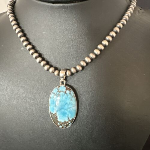 Navajo Blue Spiderweb Turquoise Pendant Necklace | Sterling Silver | Authentic Native American Handmade | 17018