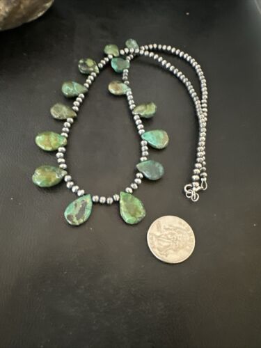 Navajo Pearls Green Teardrop Turquoise Necklace | Sterling Silver | 22" | Authentic Native American Handmade | 16957