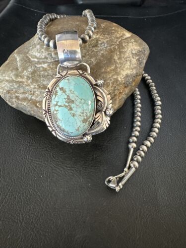 Navajo Blue Golden Hills Turquoise Pendant Necklace | Sterling Silver Pearls | Authentic Native American Handmade | 14997