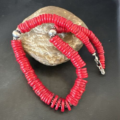 Authentic Native American Red Coral Graduated Navajo Pearls Necklace | Sterling Silver | 18" | 17537
