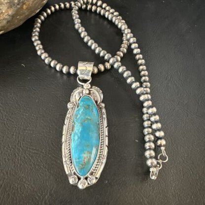 Navajo Kingman Turquoise Pendant Necklace | Sterling Silver Pearls | Authentic Native American Handmade | 15219