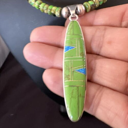 Navajo Green Gaspeite & Turquoise Inlay Pendant Necklace | Sterling Silver | 22" | Authentic Native American Handmade | 16765