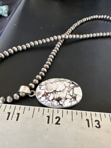 Navajo Wild Horse Turquoise Pendant Necklace | Sterling Silver Pearls | Authentic Native American Handmade | 15716