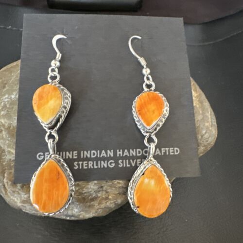Navajo Orange Spiny Oyster Dangle Earrings | Sterling Silver | 1.5" | Authentic Native American Handmade | 16561