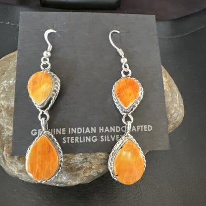 Navajo Orange Spiny Oyster Dangle Earrings | Sterling Silver | 1.5" | Authentic Native American Handmade | 16561