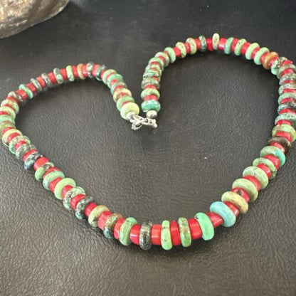 Navajo Green Turquoise and Round Coral Necklace | Sterling Silver | 18" | Authentic Native American Handmade | 17580 - Masha USA