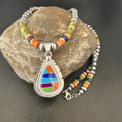 Navajo Spiny Oyster Turquoise Lapis Inlay Pendant Necklace | Sterling Silver | 21" | Authentic Native American Handmade | 16627