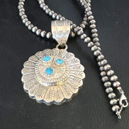 Navajo Sunface Blue Kingman Turquoise Pendant | Sterling Silver | 2.75" | Authentic Native American Handmade | 15209