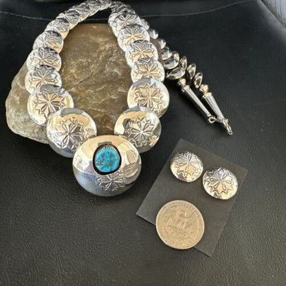 Navajo Sterling Silver Turquoise Pillow Stamped Bead Necklace Set | Authentic Native American Handmade | 15132 - Masha USA