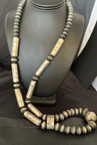 Navajo Stamped Bench Bead Necklace | Sterling Silver | 30" | Authentic Native American Handmade | 16727