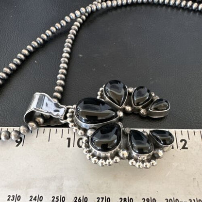 Navajo Men's Black Onyx Naja Pendant Necklace | Sterling Silver | 16103
