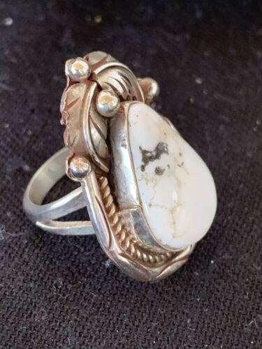 Navajo White Buffalo Turquoise Ring | Sterling Silver | Sz 9 | Authentic Native American Handmade | 00685