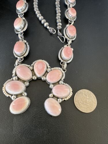 Navajo Pink Conch Squash Blossom Necklace with Naja Pendant | Authentic Native American Handmade | 15897