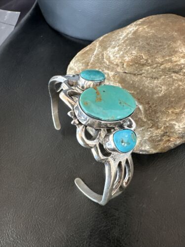 Kingman Turquoise Navajo Cuff Bracelet | Sterling Silver Tufa Cast | Authentic Native American Handmade | 16784 - Masha USA