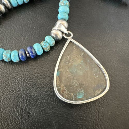 Navajo Blue Turquoise Jasper Pendant with Lapis | Sterling Silver Necklace | Native American Handmade | 16928