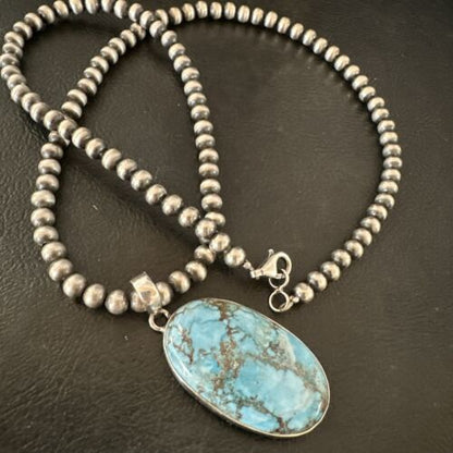 Navajo Blue Spiderweb Turquoise Pendant Necklace | Sterling Silver | Authentic Native American Handmade | 17025