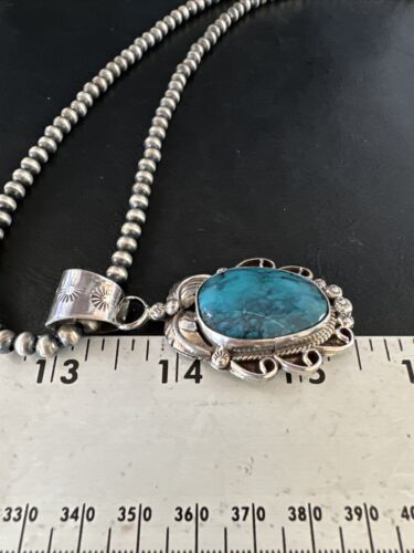 Navajo Pearls Blue Turquoise Necklace Pendant | Sterling Silver | Authentic Native American Handmade | 14882