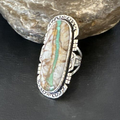 Navajo Ribbon Boulder Green Turquoise Ring | Sterling Silver | Sz 10 | Authentic Native American Handmade | 16253
