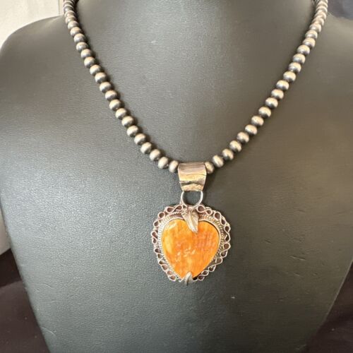 Navajo Orange Spiny Oyster Heart Pendant Necklace | Sterling Silver | Authentic Native American Handmade | 16295