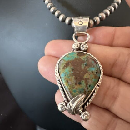 Navajo Blue Turquoise Pendant Necklace | Sterling Silver Pearls | Authentic Native American Handmade | 15654