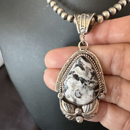 Navajo White Buffalo Turquoise Pendant Necklace | Sterling Silver | Authentic Native American Handmade | 17522