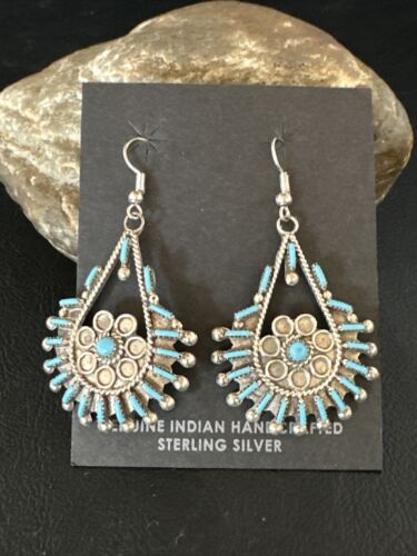Zuni Kingman Turquoise Needle Point Dangle Earrings | Sterling Silver | Authentic Native American Handmade | 14876
