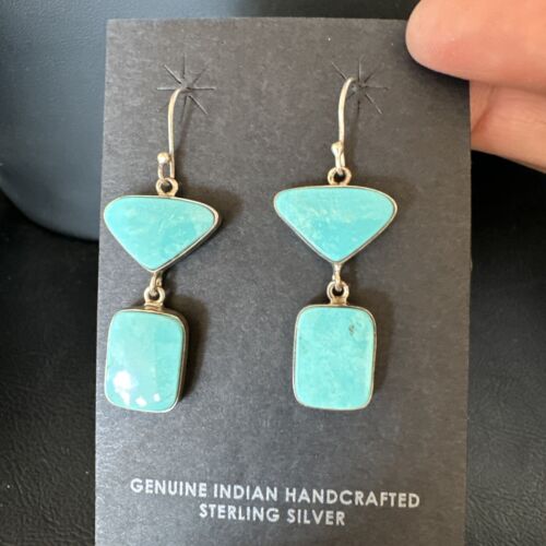 Navajo Blue Kingman Turquoise Dangle Earrings | Sterling Silver | Authentic Native American Handmade | 15121