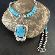 Navajo Blue Turquoise Pendant Necklace | Sterling Silver Pearls | Authentic Native American Handmade | 15420
