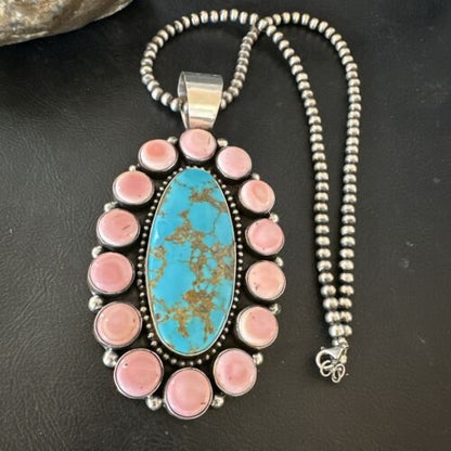 XXL Pink Conch Naja Pendant | Blue Turquoise | Navajo Sterling Silver Necklace 21" | Multi-Stone | 17426
