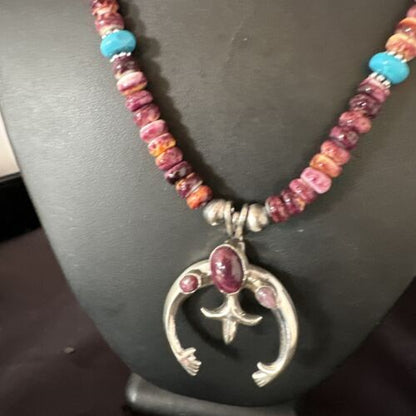 Navajo Purple Spiny Oyster Turquoise Naja Pendant Necklace | Sterling Silver | Native American Handmade | 15263