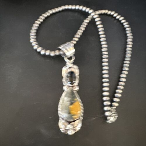 Men's Navajo Pearls Onyx Bumblebee Jasper Pendant | Sterling Silver | Multi-Stone Necklace | 15414