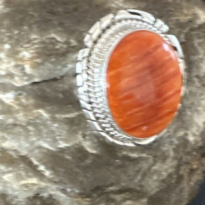 Navajo Orange Spiny Oyster Ring | Sterling Silver | Sz 7.5 | Authentic Native American Handmade | 16030