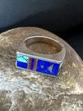 Men's Navajo Inlay Ring | Sterling Silver Lapis Blue Spiderweb Turquoise | Sz 8 | 15915