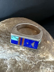 Men's Navajo Inlay Ring | Sterling Silver Lapis Blue Spiderweb Turquoise | Sz 8 | 15915