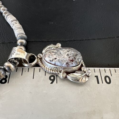 Navajo White Buffalo Turquoise Pendant Necklace | Sterling Silver | Authentic Native American Handmade | 17336