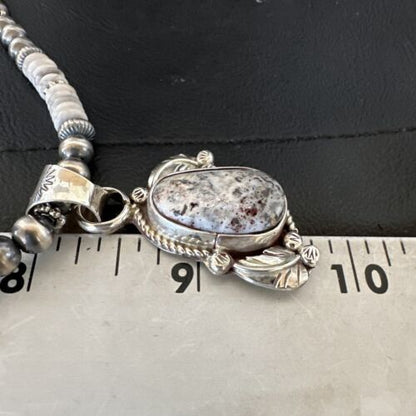 Navajo White Buffalo Turquoise Pendant Necklace | Sterling Silver | Authentic Native American Handmade | 17336