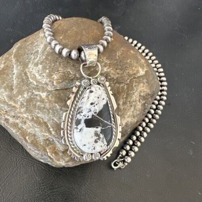 White Buffalo Turquoise Pendant | Navajo Pearls Sterling Silver Necklace | Authentic Native American Handmade | 17109