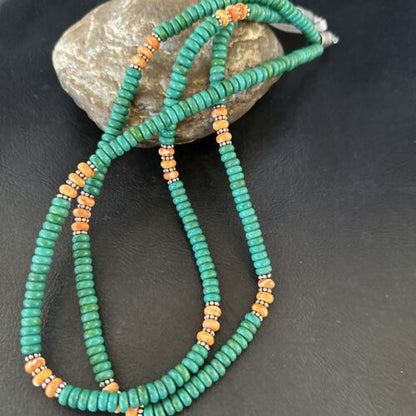 Navajo Green Turquoise Spiny Oyster Necklace | Sterling Silver | 21" | Authentic Native American Handmade | 10123