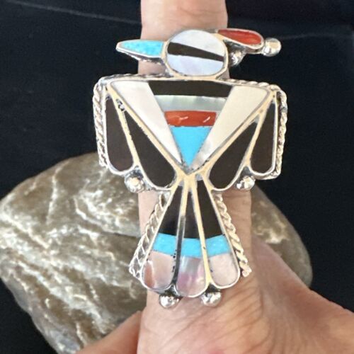 Zuni Turquoise Onyx Peyote Bird Inlay Ring | Sterling Silver | Sz 7 | Authentic Native American Handmade | 15390