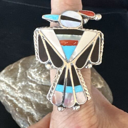 Zuni Turquoise Onyx Peyote Bird Inlay Ring | Sterling Silver | Sz 7 | Authentic Native American Handmade | 15390