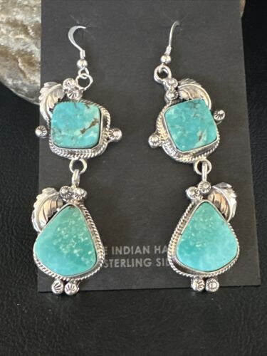 Navajo Blue Kingman Turquoise Dangle Earrings | Sterling Silver | Authentic Native American Handmade | 15185