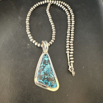 Men's Blue Spiderweb Turquoise Pendant Necklace | Navajo Sterling Silver | Authentic Native American Handmade | 14970